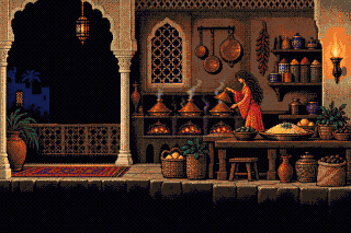Pixel-art Moroccan palace kitchen: Chef Basmah lifts the lid of a tagine simmering on a charcoal brazier, beside copper pots and baskets of lemons and mint.