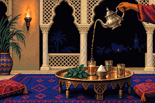 Pixel-art mint tea ceremony: a silver teapot pours a long golden stream into a tea glass on a brass tray beside fresh mint.
